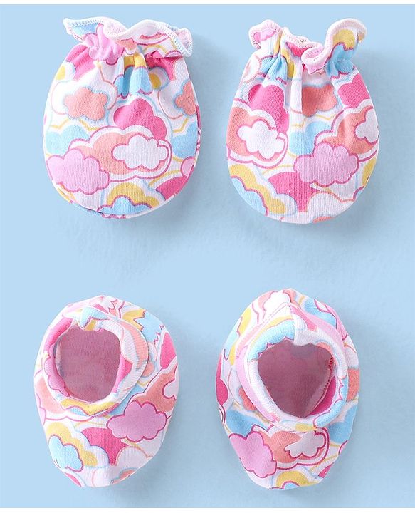 Babyhug 100% Cotton Knit Mittens & Booties Set with Clouds Print - Pink
