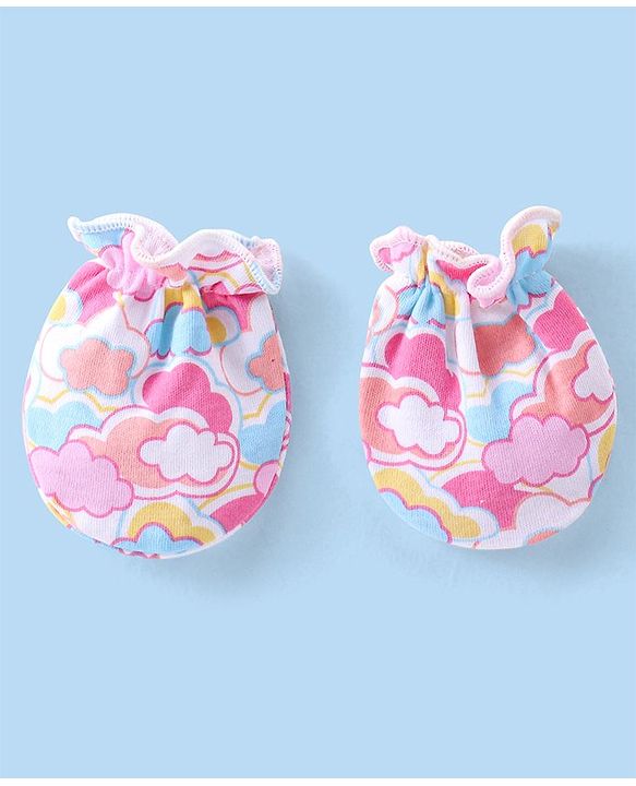 Babyhug 100% Cotton Knit Mittens & Booties Set with Clouds Print - Pink
