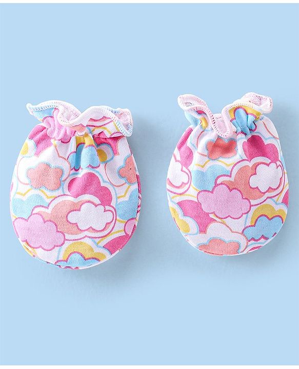 Babyhug 100% Cotton Knit Mittens & Booties Set with Clouds Print - Pink