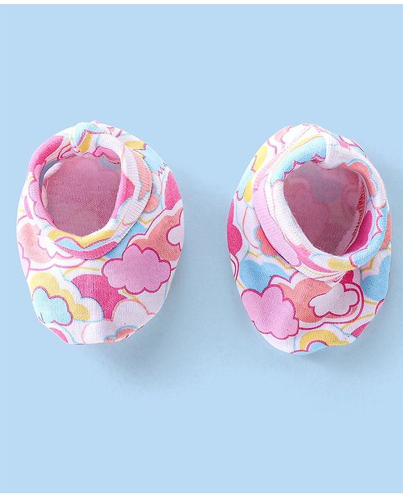 Babyhug 100% Cotton Knit Mittens & Booties Set with Clouds Print - Pink