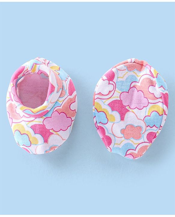 Babyhug 100% Cotton Knit Mittens & Booties Set with Clouds Print - Pink