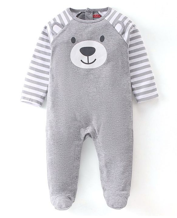 Babyhug Cotton Knit Full Sleeves Footed Sleepsuit Bear Printed - Grey