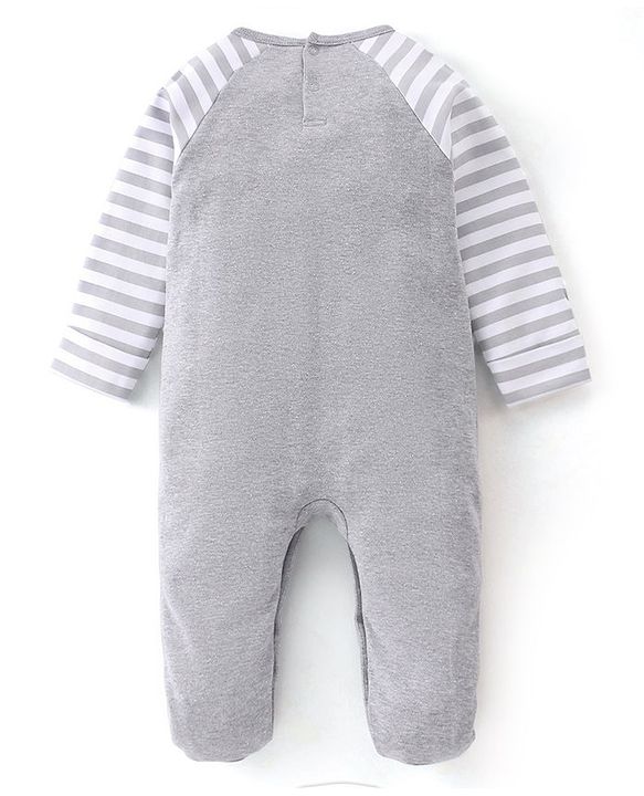 Babyhug Cotton Knit Full Sleeves Footed Sleepsuit Bear Printed - Grey