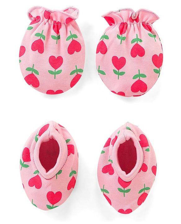 Babyhug 100% Cotton Knit Floral Printed Mittens & Booties Set - Pink