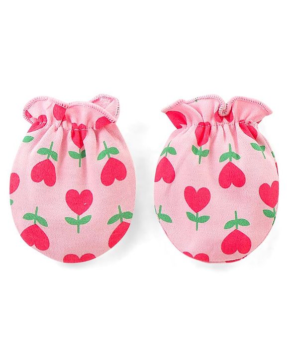 Babyhug 100% Cotton Knit Floral Printed Mittens & Booties Set - Pink