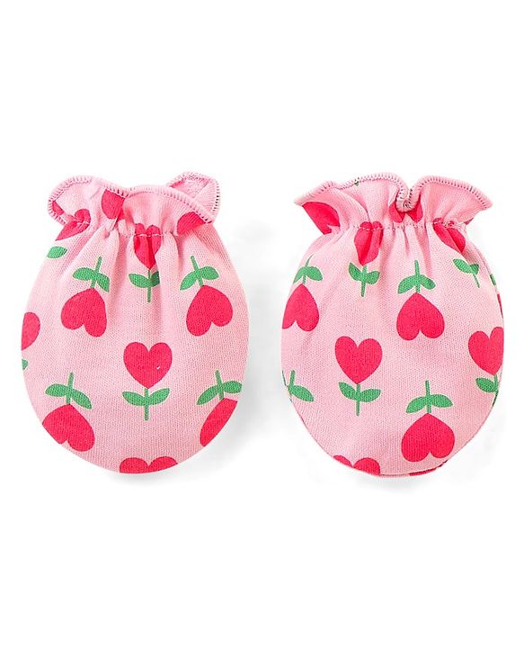 Babyhug 100% Cotton Knit Floral Printed Mittens & Booties Set - Pink