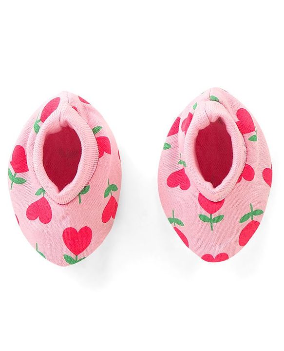 Babyhug 100% Cotton Knit Floral Printed Mittens & Booties Set - Pink
