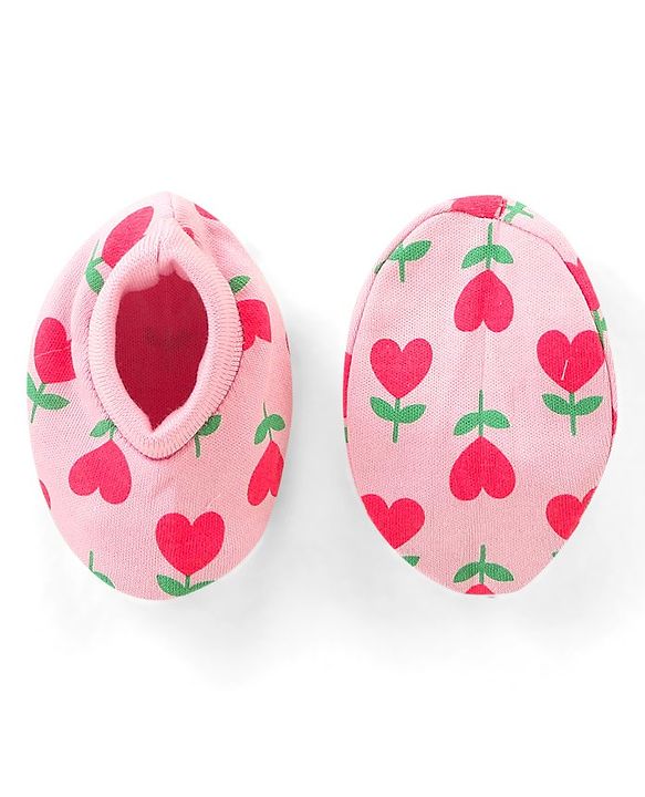 Babyhug 100% Cotton Knit Floral Printed Mittens & Booties Set - Pink