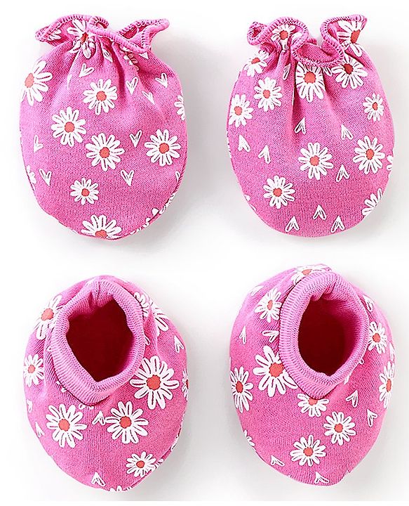 Babyhug 100% Cotton Mittens & Booties Floral Print - Pink
