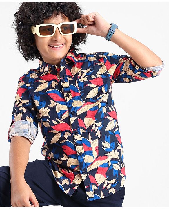 Pine Kids Cotton Roll Up Full Sleeves Leaves Printed Shirt- Navy Blue
