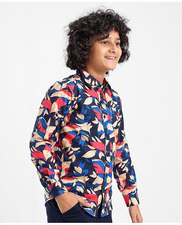 Pine Kids Cotton Roll Up Full Sleeves Leaves Printed Shirt- Navy Blue