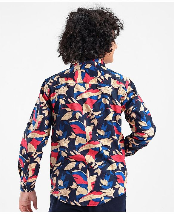 Pine Kids Cotton Roll Up Full Sleeves Leaves Printed Shirt- Navy Blue