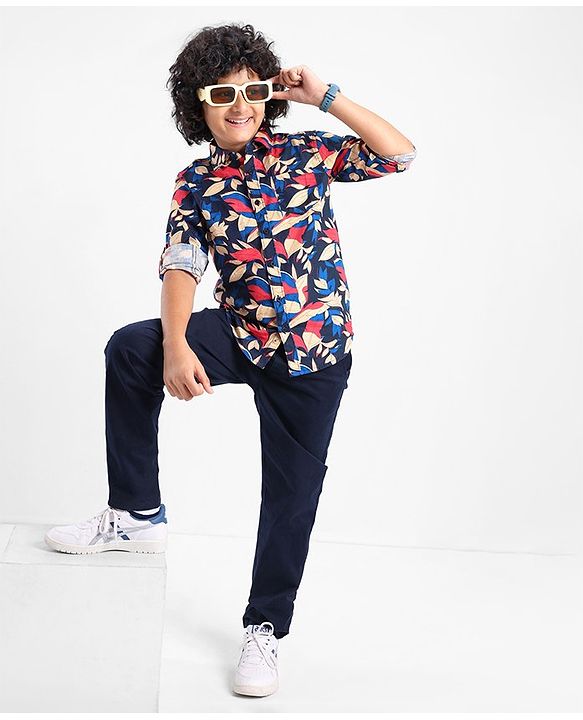 Pine Kids Cotton Roll Up Full Sleeves Leaves Printed Shirt- Navy Blue
