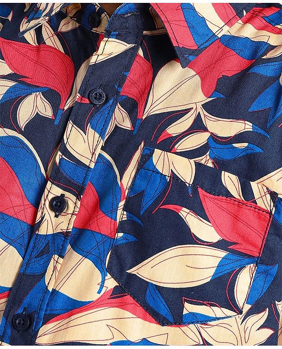 Pine Kids Cotton Roll Up Full Sleeves Leaves Printed Shirt- Navy Blue