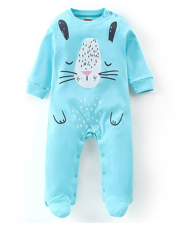 Babyhug Cotton Single Jersey Knit Full Sleeves Sleepsuit With Kitty Print - Blue
