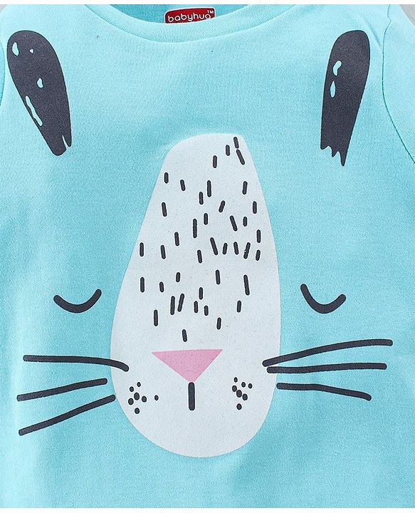 Babyhug Cotton Single Jersey Knit Full Sleeves Sleepsuit With Kitty Print - Blue