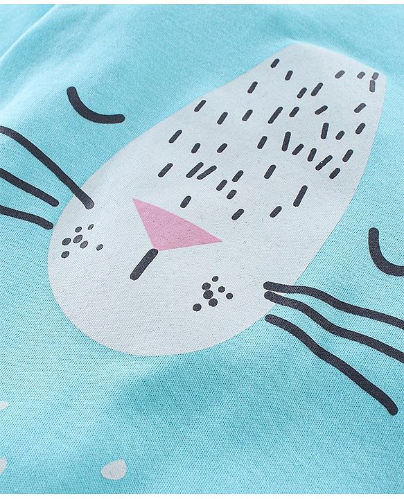 Babyhug Cotton Single Jersey Knit Full Sleeves Sleepsuit With Kitty Print - Blue