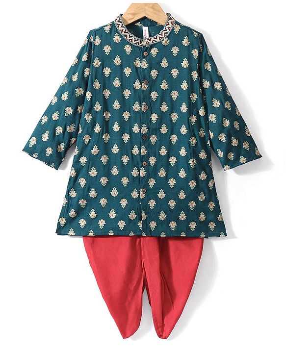 Babyhug Rayon Full Sleeves Kurta & Dhoti Set Foil Printed - Green