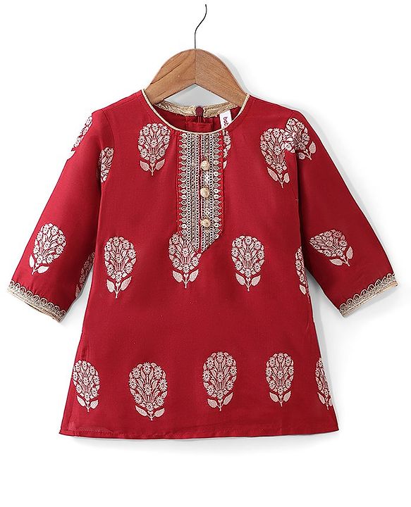 Babyhug Three Fourth Sleeves Foil Printed Long Kurta with Skirt and Dupatta - Red