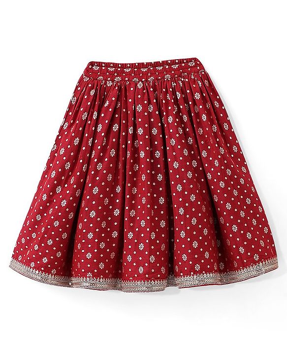 Babyhug Three Fourth Sleeves Foil Printed Long Kurta with Skirt and Dupatta - Red