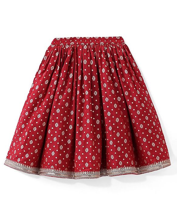 Babyhug Three Fourth Sleeves Foil Printed Long Kurta with Skirt and Dupatta - Red