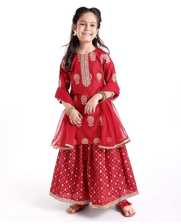 Babyhug Three Fourth Sleeves Foil Printed Long Kurta with Skirt and Dupatta - Red