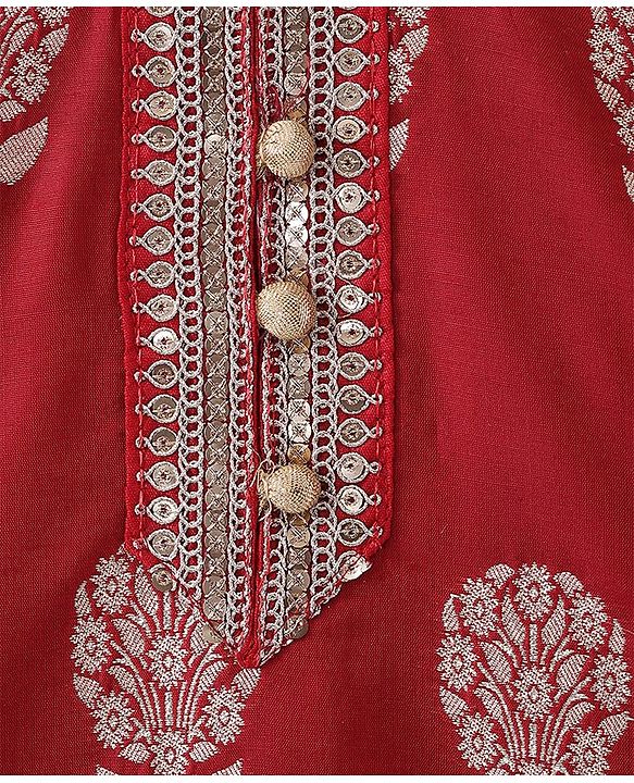 Babyhug Three Fourth Sleeves Foil Printed Long Kurta with Skirt and Dupatta - Red