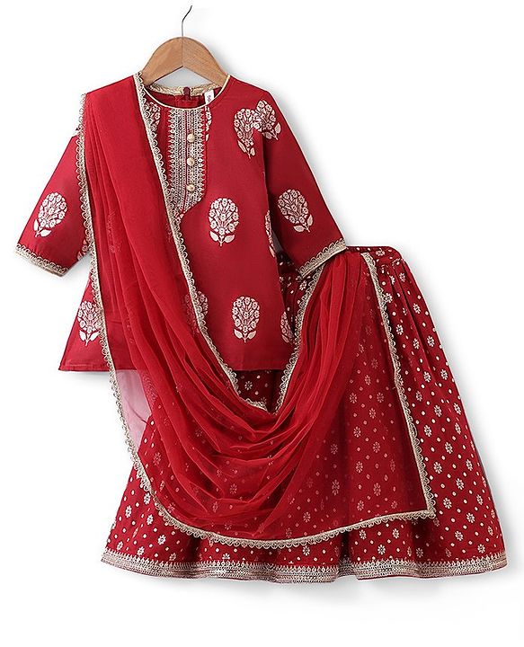 Babyhug Three Fourth Sleeves Foil Printed Long Kurta with Skirt and Dupatta - Red