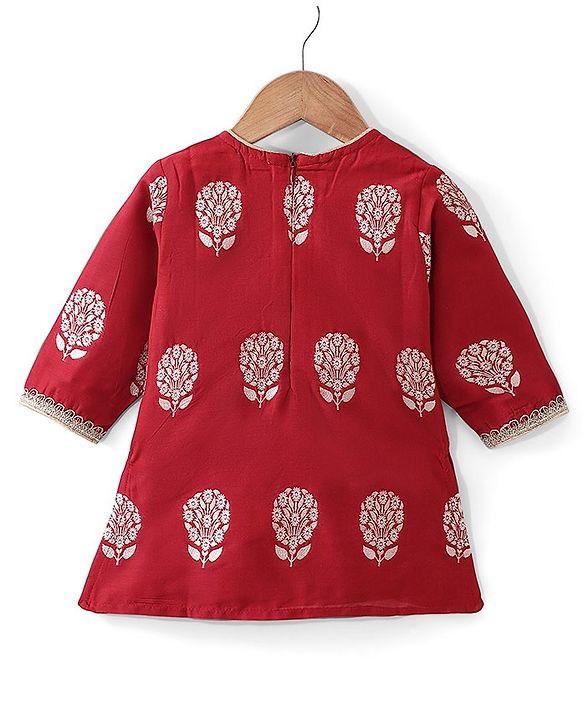 Babyhug Three Fourth Sleeves Foil Printed Long Kurta with Skirt and Dupatta - Red
