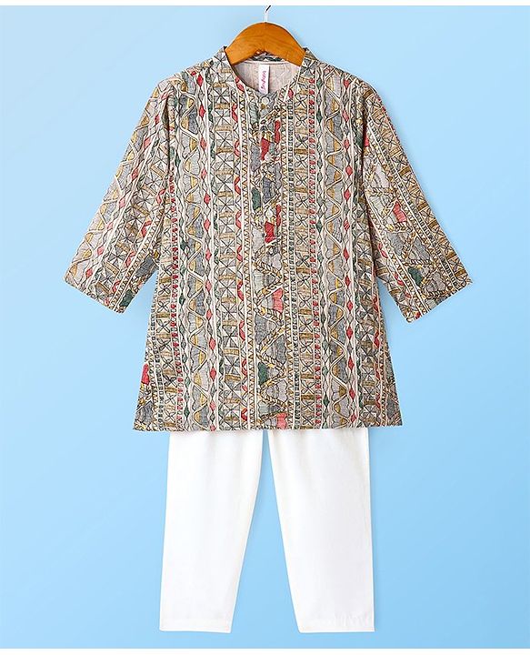 Babyhug 100% Cotton Woven Full Sleeves Kurta & Pyjama Set Ikat Print - Brown & White