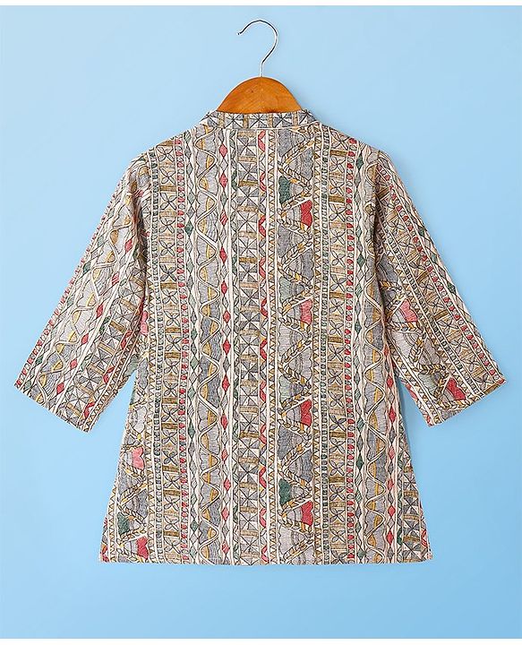 Babyhug 100% Cotton Woven Full Sleeves Kurta & Pyjama Set Ikat Print - Brown & White