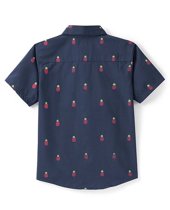 Pine Kids Cotton Poplin Half Sleeves Shirt Pineapple Print- Navy Blue