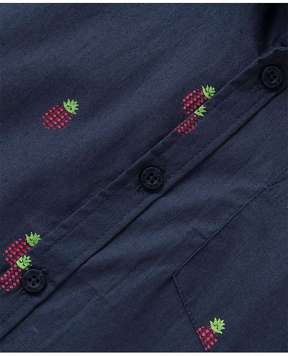Pine Kids Cotton Poplin Half Sleeves Shirt Pineapple Print- Navy Blue