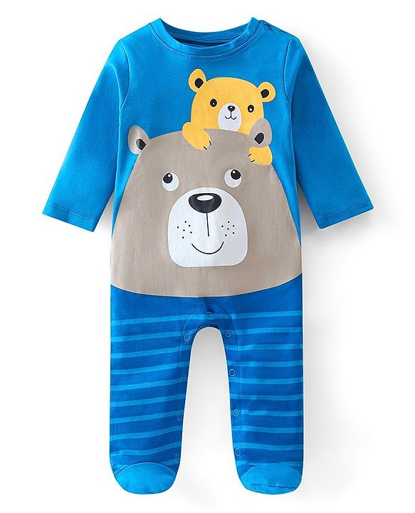 Babyhug Cotton Knit Full Sleeves Bear Printed Footed Sleepsuit - Blue