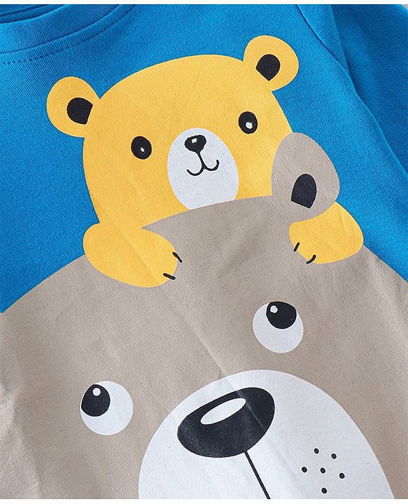 Babyhug Cotton Knit Full Sleeves Bear Printed Footed Sleepsuit - Blue