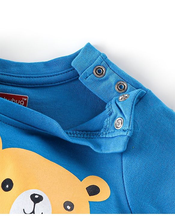 Babyhug Cotton Knit Full Sleeves Bear Printed Footed Sleepsuit - Blue