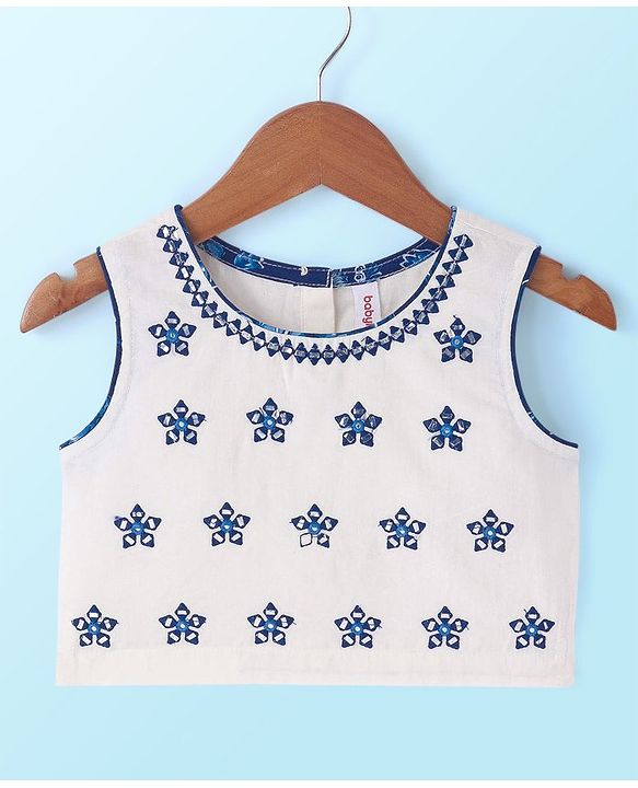Babyhug 100% Cotton Sleeveless Choli With Lehenga And Dupatta Set Sequenced Embroidered & Floral Print - Navy Blue