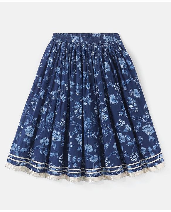 Babyhug 100% Cotton Sleeveless Choli With Lehenga And Dupatta Set Sequenced Embroidered & Floral Print - Navy Blue