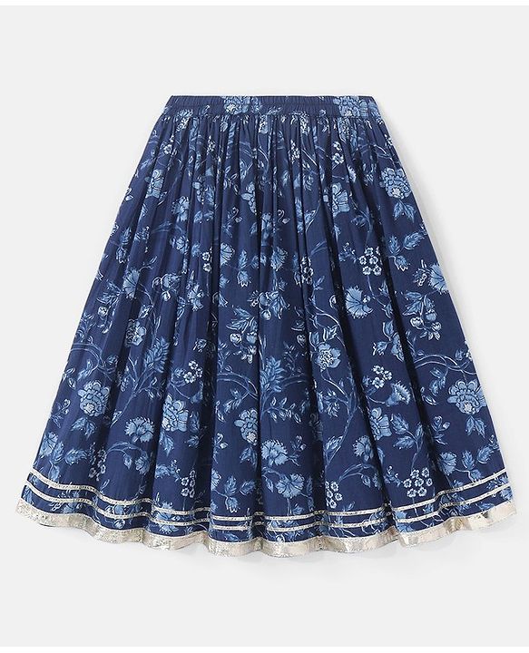 Babyhug 100% Cotton Sleeveless Choli With Lehenga And Dupatta Set Sequenced Embroidered & Floral Print - Navy Blue
