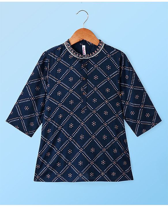 Babyhug 100% Cotton Full Sleeves Kurta & Pyjama Set Bandhani Print- Indigo