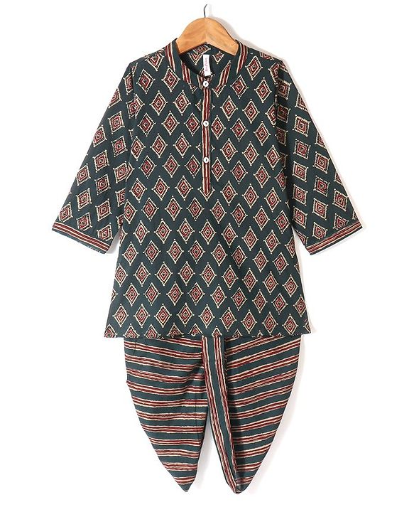 Babyhug 100% Cambric Full Sleeve Printed Kurta With Dhoti Set - Green