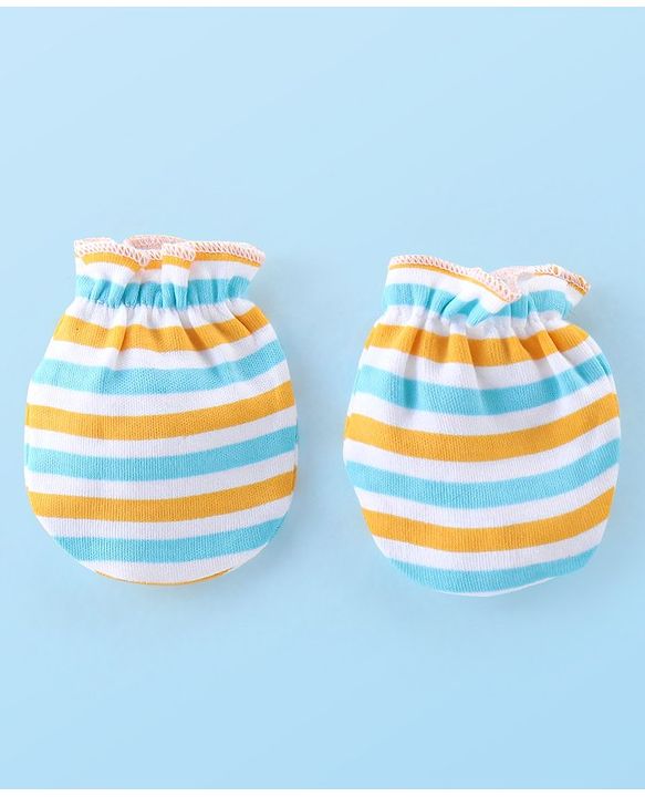 Babyhug 100% Cotton Knit Monkey Print Cap Mittens & Booties - Multicolour