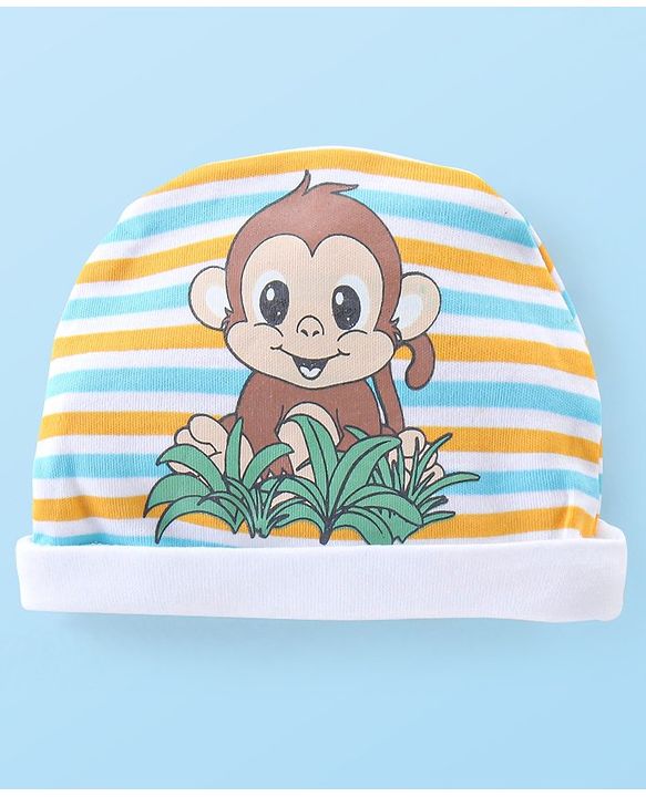 Babyhug 100% Cotton Knit Monkey Print Cap Mittens & Booties - Multicolour