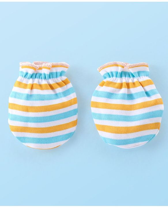 Babyhug 100% Cotton Knit Monkey Print Cap Mittens & Booties - Multicolour