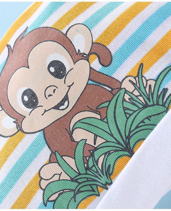 Babyhug 100% Cotton Knit Monkey Print Cap Mittens & Booties - Multicolour