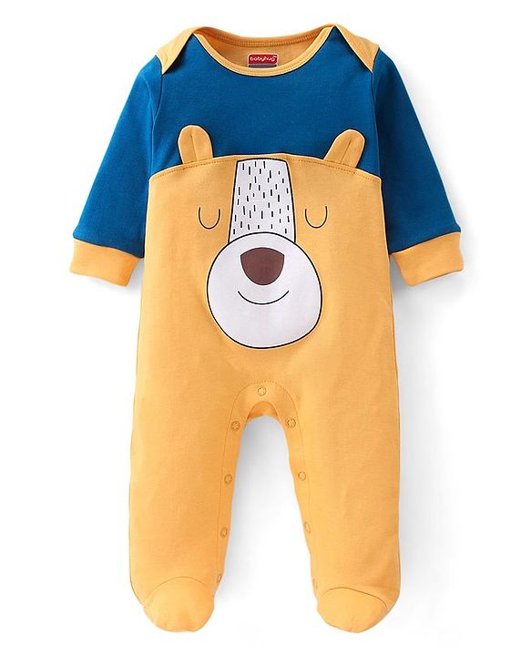 Babyhug Cotton Knit Full Sleeves Footed Sleep Suit Bear Print - Yellow