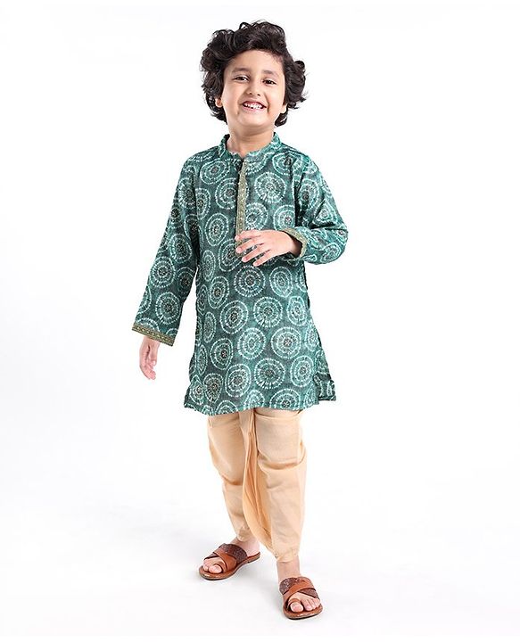 Babyhug 100% Cotton Knit Full Sleeves Printed Kurta & Dhoti Set -  Teal Blue