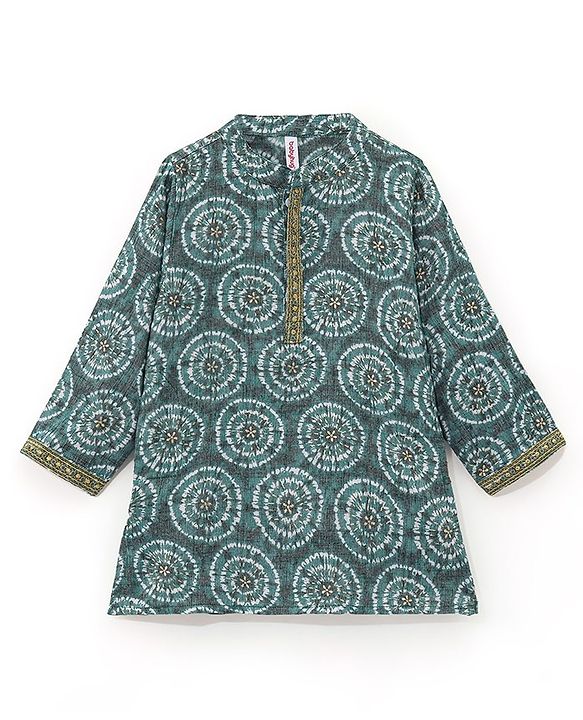 Babyhug 100% Cotton Knit Full Sleeves Printed Kurta & Dhoti Set -  Teal Blue
