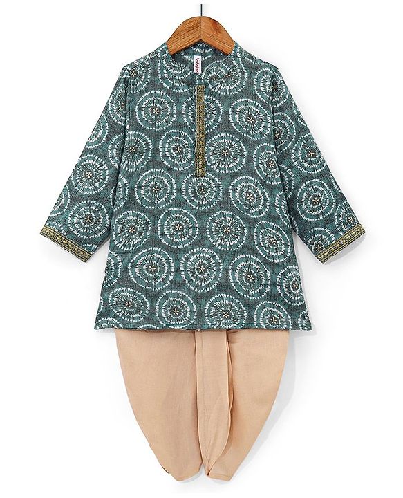 Babyhug 100% Cotton Knit Full Sleeves Printed Kurta & Dhoti Set -  Teal Blue