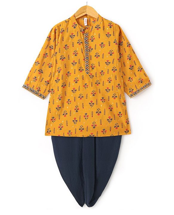 Babyhug 100% Cotton Woven Full Sleeves Floral Printed Kurta Dhoti Set - Mustard
